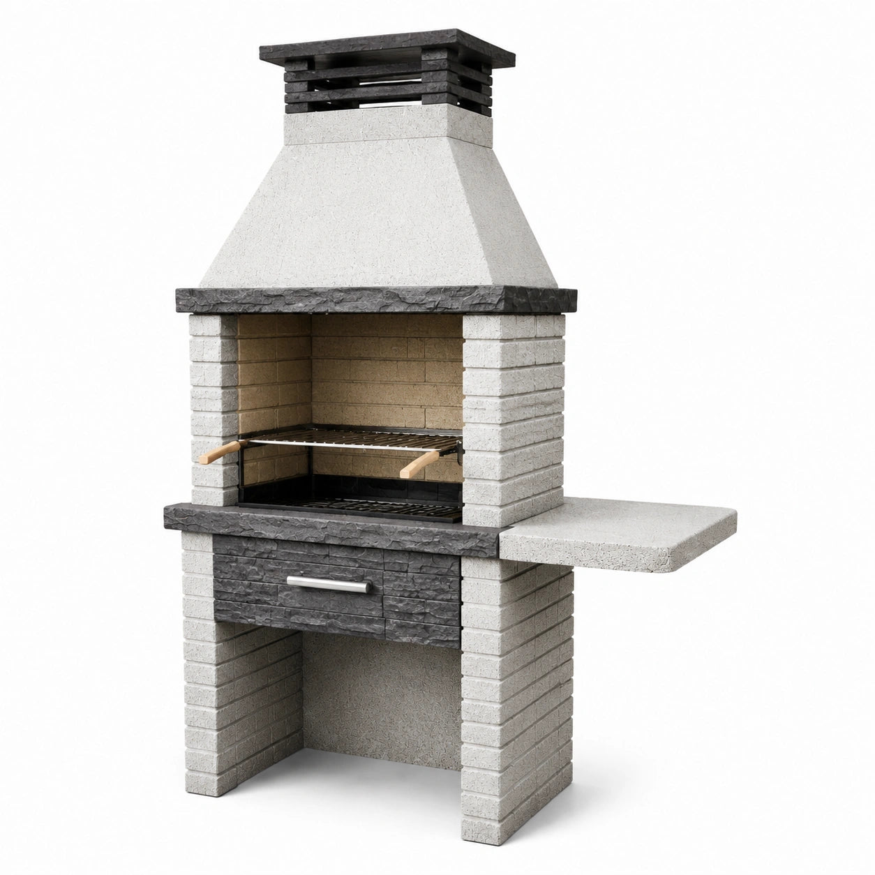Grillkamin aus Beton mit Edelstahlrost und Ablage Grau