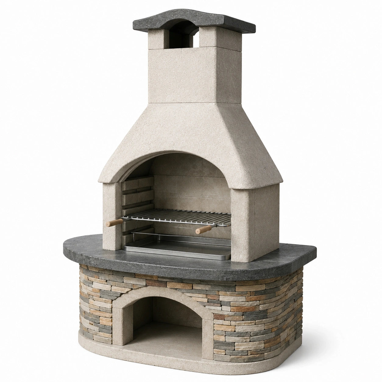 Grillkamin aus Beton mit Natursteinverkleidung Grau/Beige