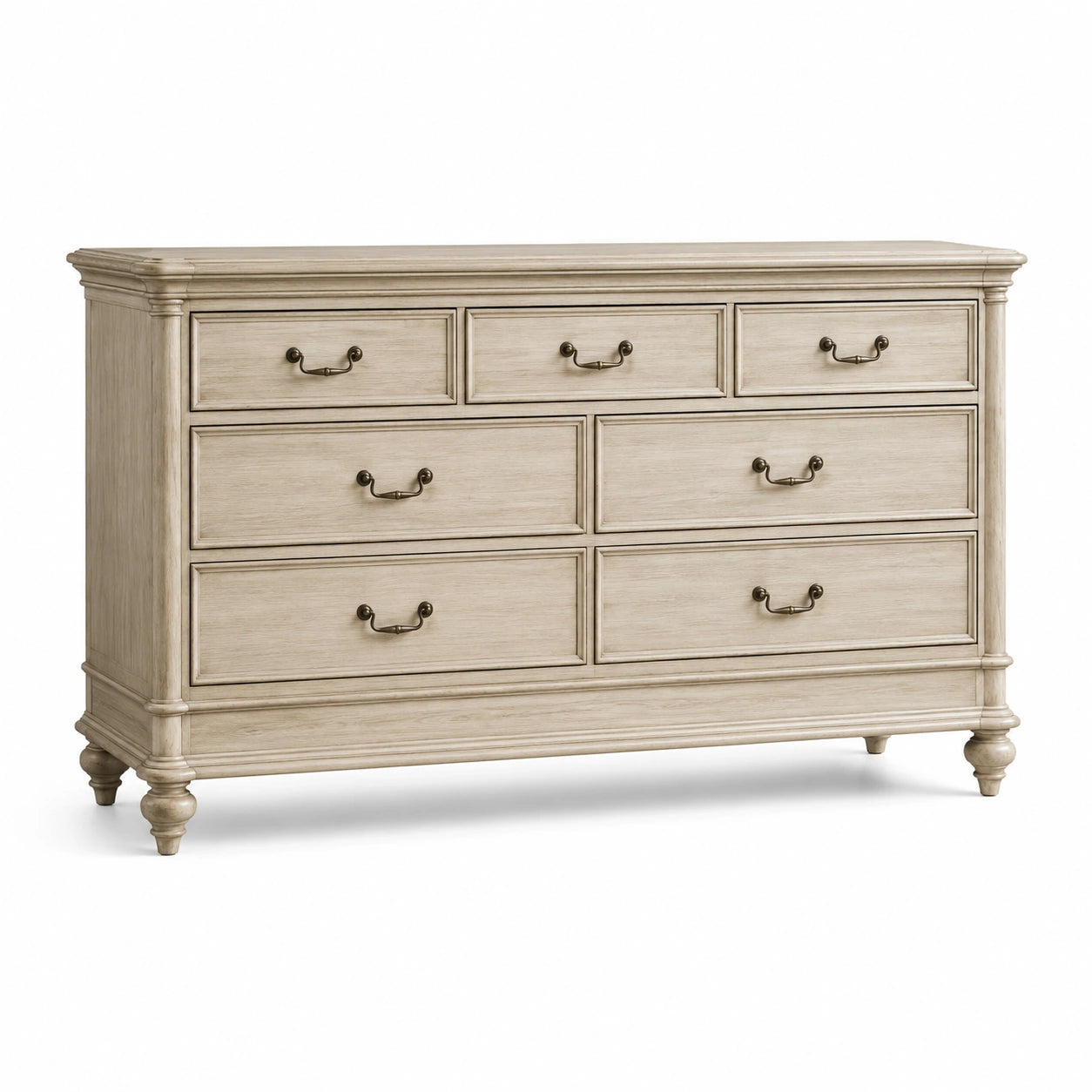 Kommode mit 7 Schubladen Eichenholz Antik Messinggriffe Beige 160 cm
