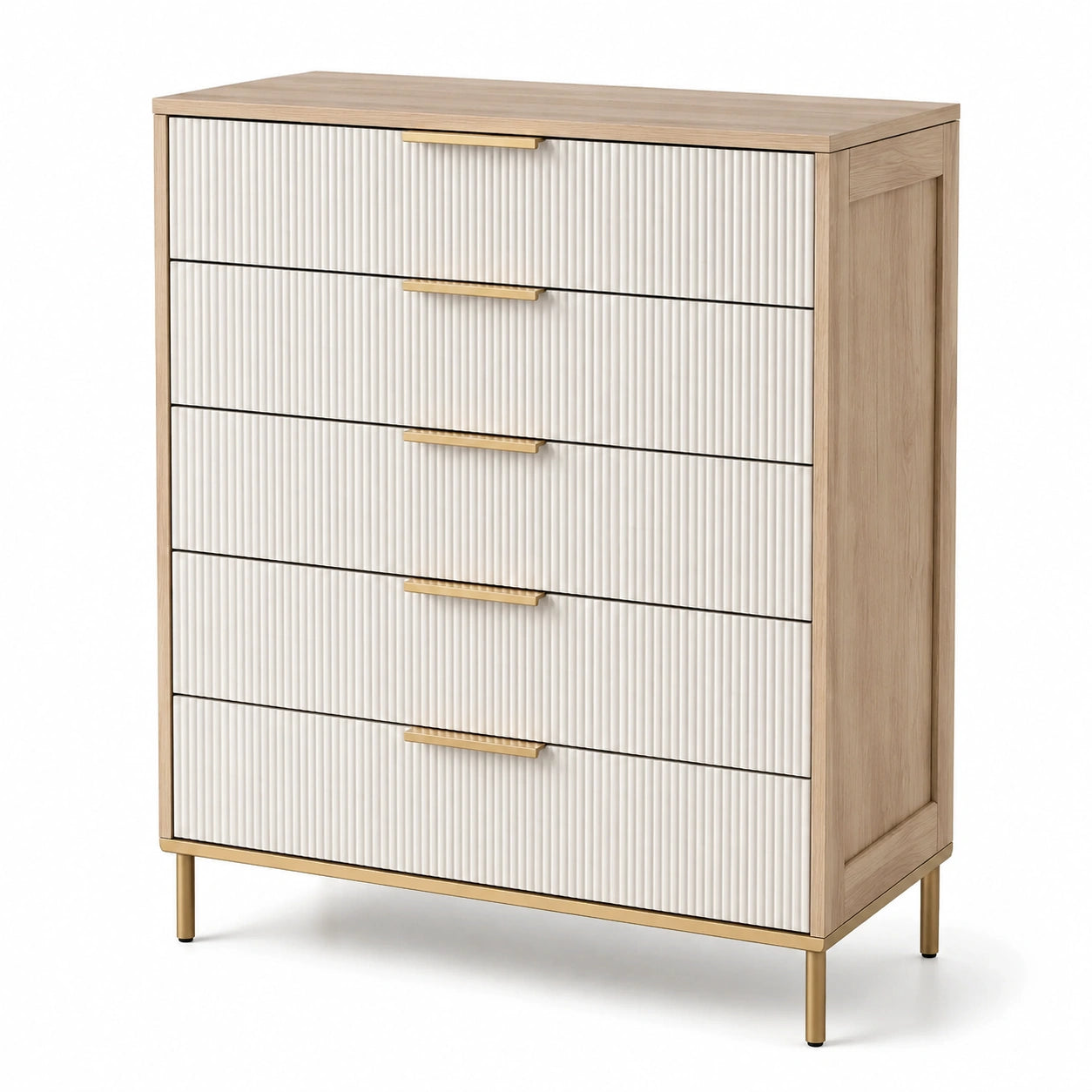 Kommode aus Eichenholz und MDF mit 5 Schubladen, beige und gold