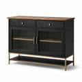 Schwarzes Holz-Sideboard mit Metallrahmen und geriffelten Glastüren