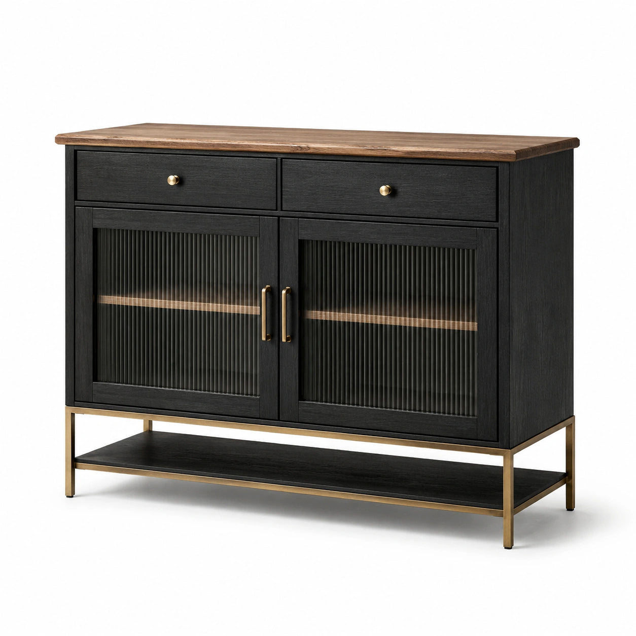Schwarzes Holz-Sideboard mit Metallrahmen und geriffelten Glastüren