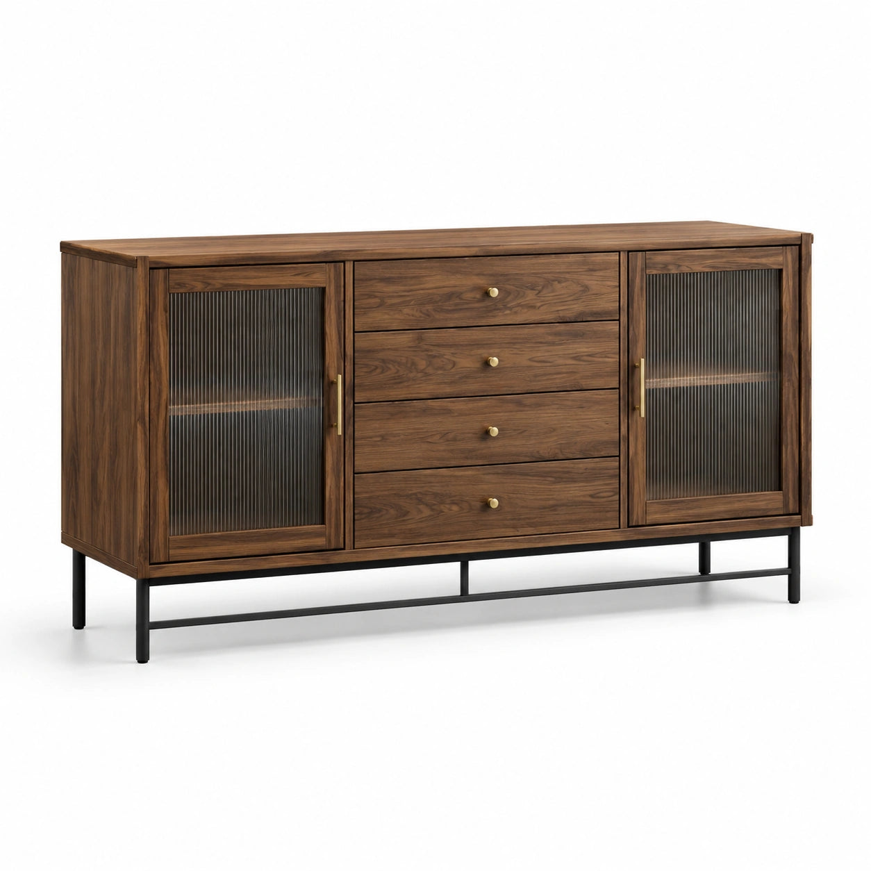Sideboard aus Walnussholz mit geriffeltem Glas und Stahl 180x45x80cm