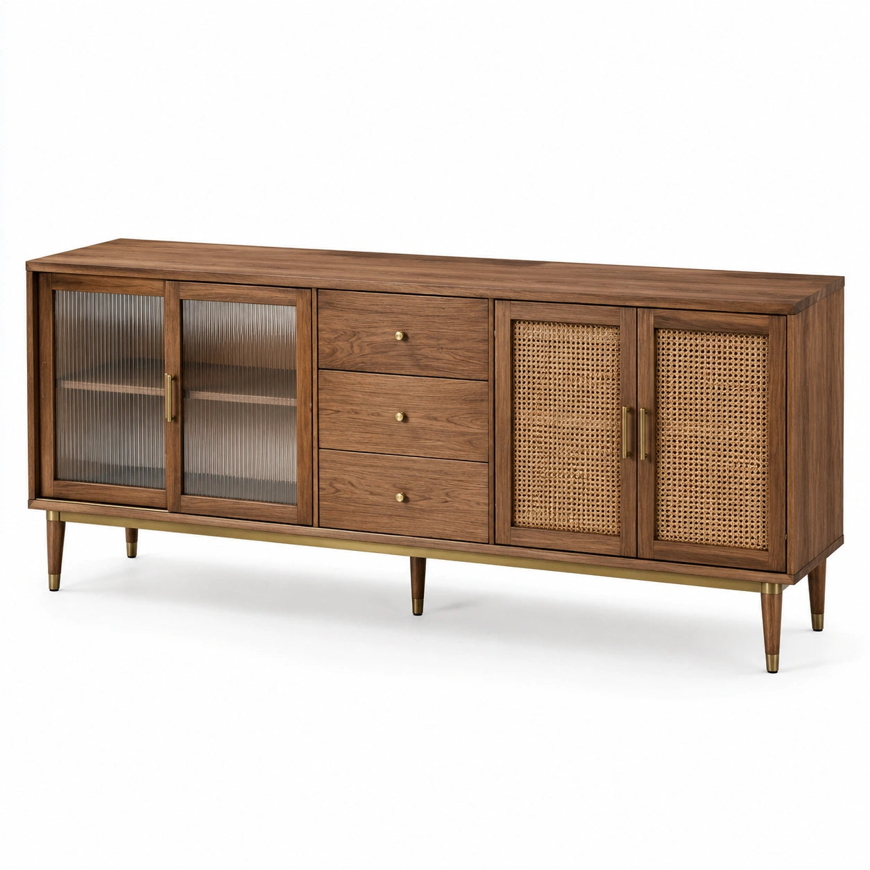 Sideboard aus Walnussholz mit Glas- und Rattantüren 200x80x40 cm Braun