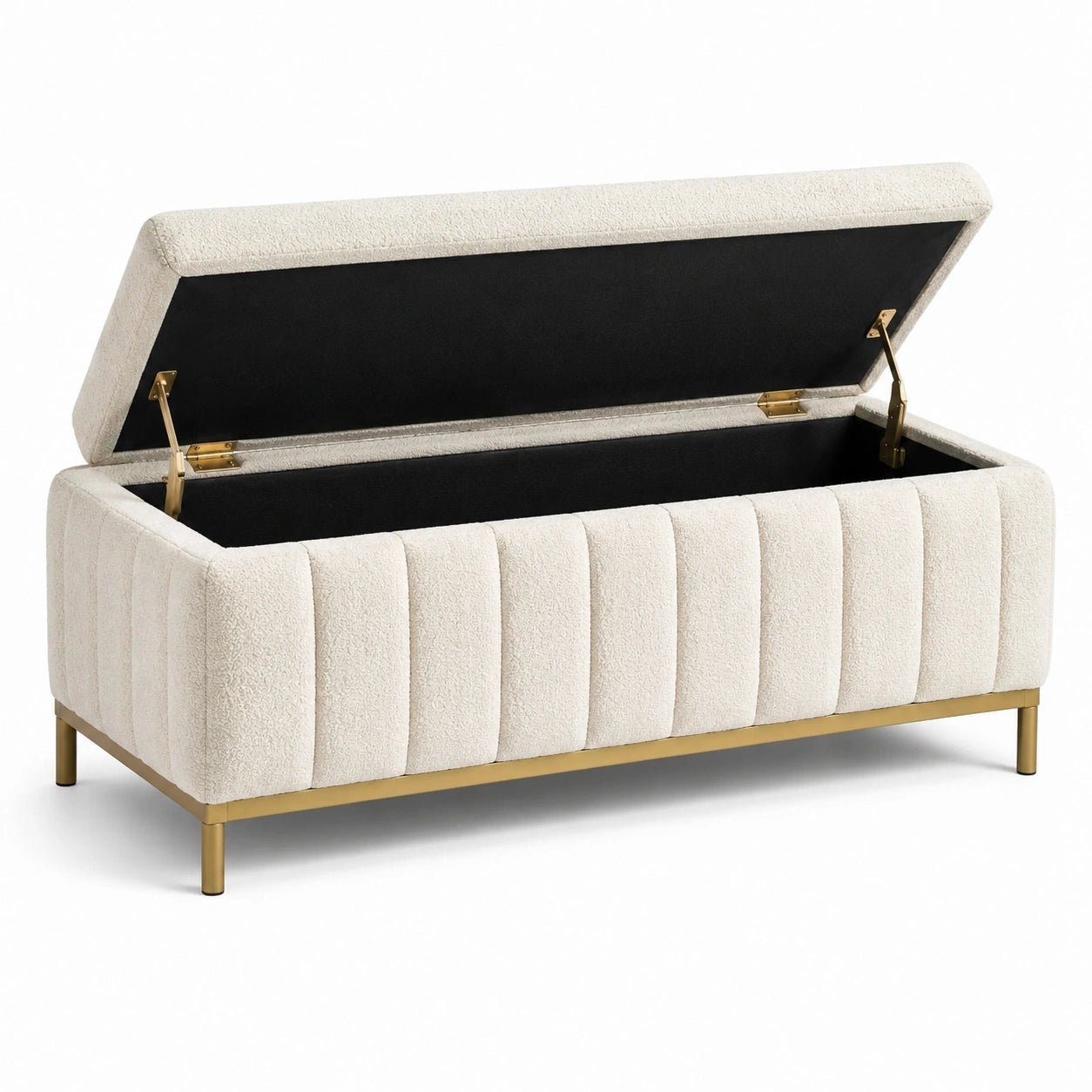 Bouclé Aufbewahrungsbank mit Messingrahmen 120 cm Creme