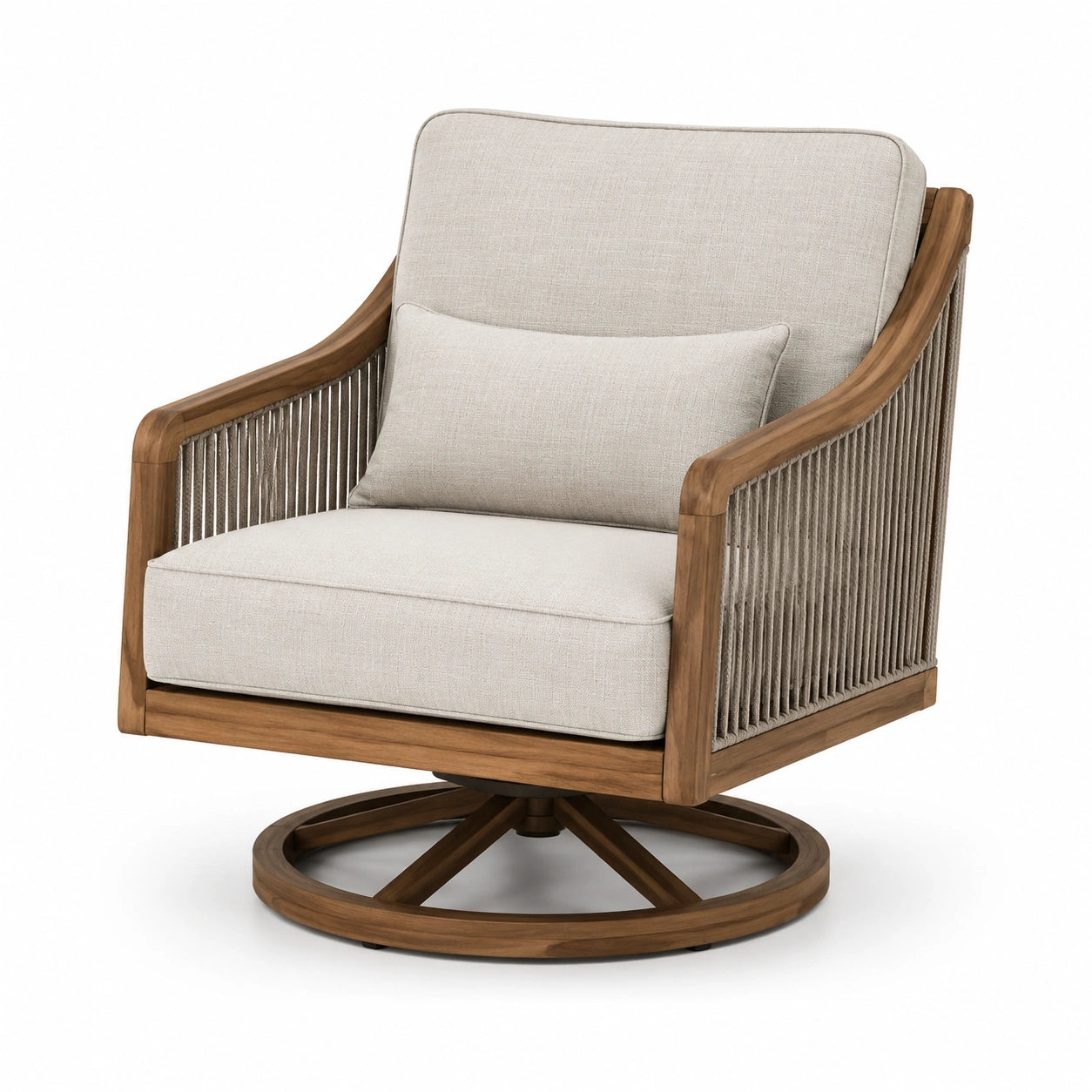 Drehsessel aus Akazienholz mit Polyethylen-Seilgeflecht und Polyester-Bezug Beige