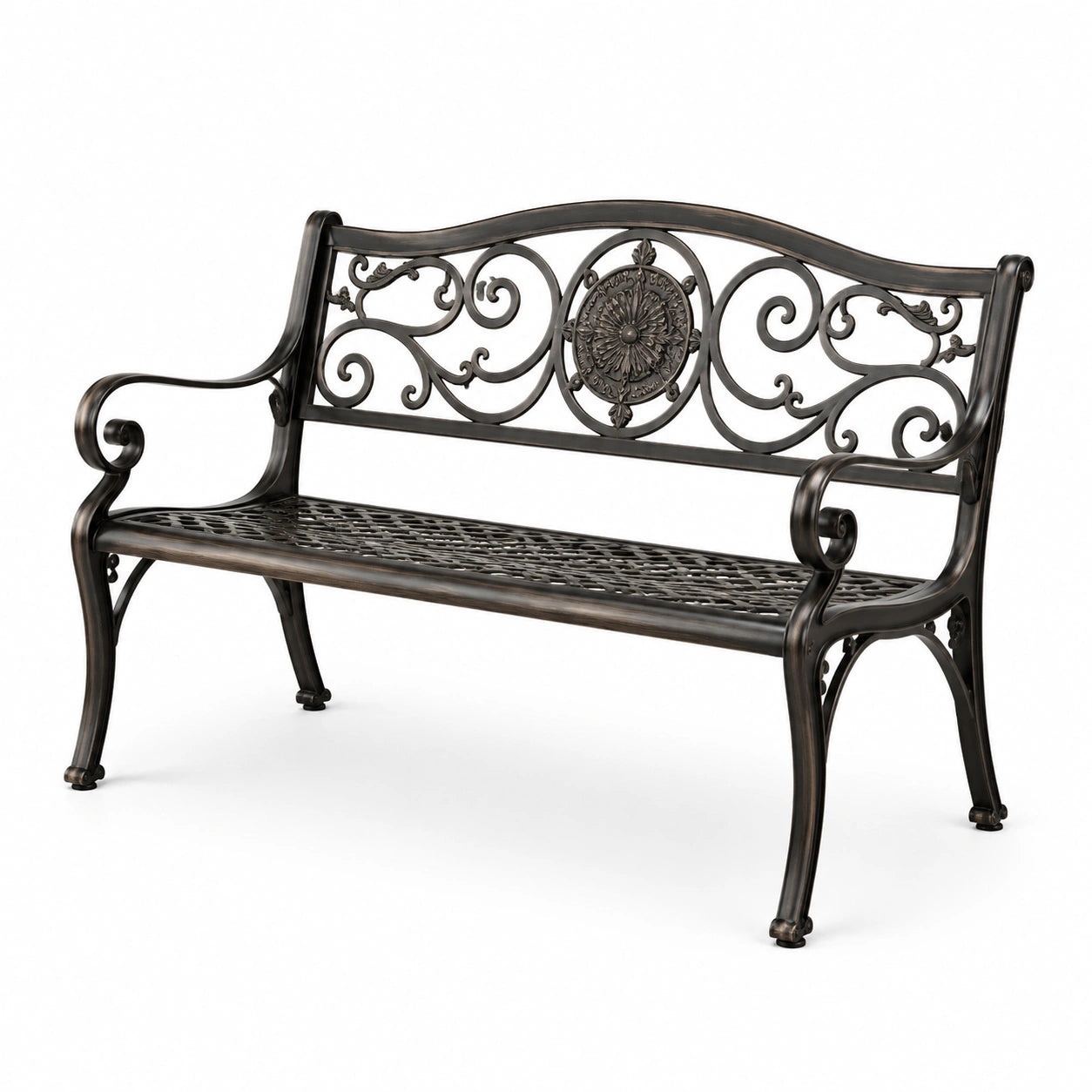 Gartenbank aus Bronze-Aluminium mit Ornamenten, 120 cm