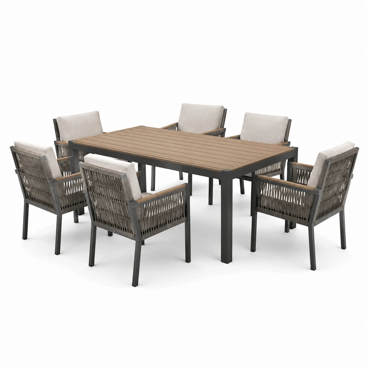 Outdoor-Essgruppe Aluminium Tisch und Stühle Set für 6 Personen Teakoptik Beige
