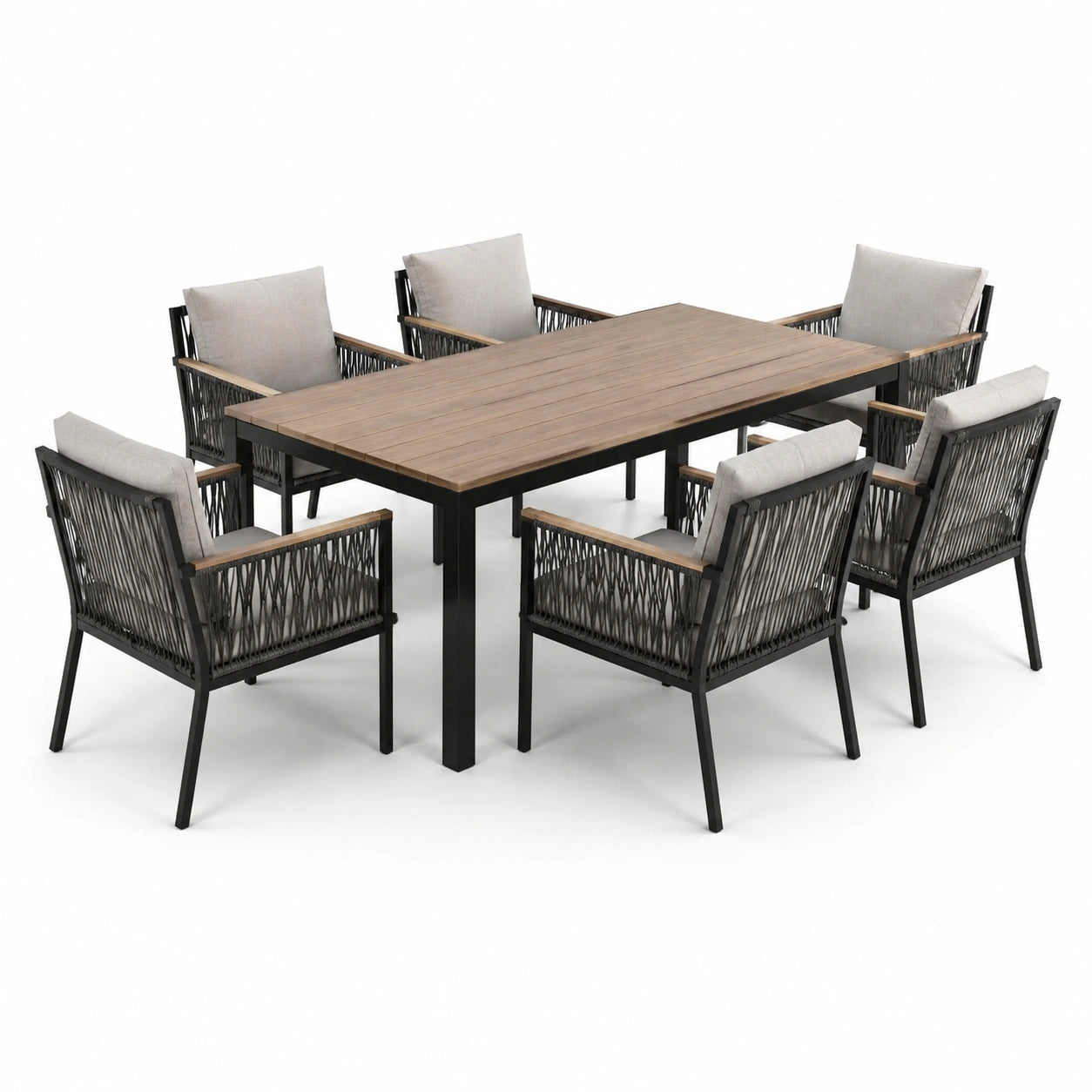 Outdoor-Essgruppe mit Tisch und 6 Stühlen aus Teakholz und Aluminium Beige/Grau